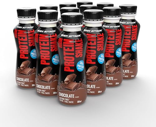 Body Attack High Protein Shake Schokolade 12 x 500 ml | 50 g Protein je Portion, kalorienarmer Protein-Shake für Muskelaufbau, Fertiggetränk