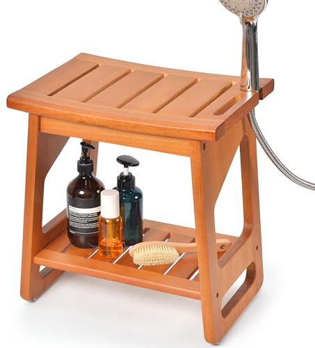 LyriFine Teakholz Duschhocker, 40cm wasserdichter Duschstuhl für die Dusche | Badezimmer Duschhocker mit Duschkopfhalterung, rutschfeste Füße, belastbar bis 136 kg, Holz Duschbank für Innen & Außen