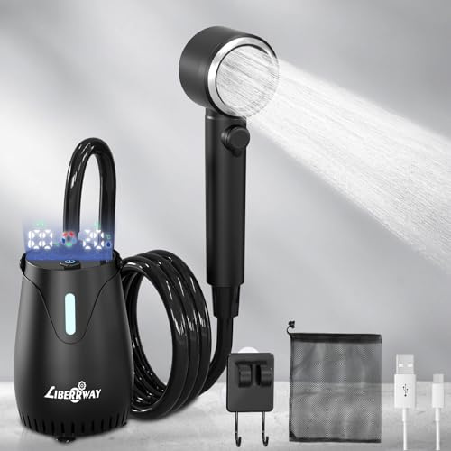LIBERRWAY Campingdusche mit Akku & Pumpe, 8000mAh, bis zu 3h Outdoor Dusche, IPX8 Tauchpumpe, Camping Dusche mit Temperatur-/Akkuanzeige, 5 Stufen, Duschkopf, 2m Schlauch für Garten, Hund, Auto