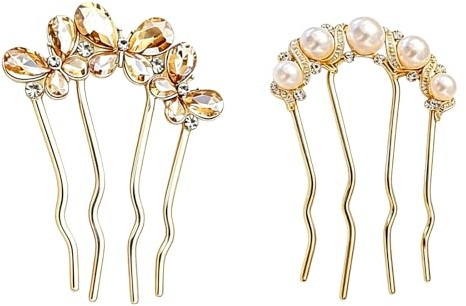 Gold Crystal Pearl Hair Fork Pins with Metal U Shaped for Women, 2Pcs | Made from Metal with Crystal Accents, Versatile Styling Tool, Suitable for Buns Updos Half-Up Styles Deal for Weddings