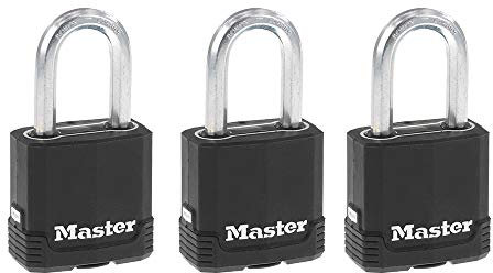 Master Lock, schwarze Magnum-Vorhängeschlösser, gleichschließend mit Allwetter-Abdeckung – Außenschlösser für Zaun oder Tor, mit 4,8 cm breitem Schlosskörper und 3,8 cm hohem Bügel, 3er-Pack