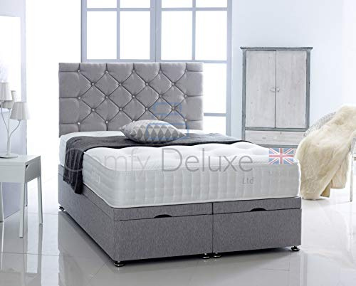 Comfy Deluxe LTD Chesterfield Ottoman Bed Base - 4FT6 Double, Silver | Chenille Fabric Divan Storage Bed Frame with 26 Inch Headboard | Gas Lift Foot-End Opening | No Mattress Included | UK Made