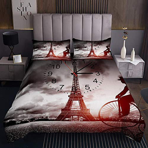 Eiffelturm Paris Frankreich Coverlet Set Luxus grau berühmte Stadt Szene BettAbdeckung 240×260 für Erwachsene Frauen Retro Lkw Uhr Bettwäsche Stadt Gebäude Fahrrad Bettwäsche Komfort stilvolle Dekor