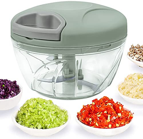 Hachoir manuel de 520 ml, avec cordon de tirage pour trancher les légumes, les oignons, les tomates, la viande en quelques secondes, lames incurvées amovibles en acier inoxydable avec base