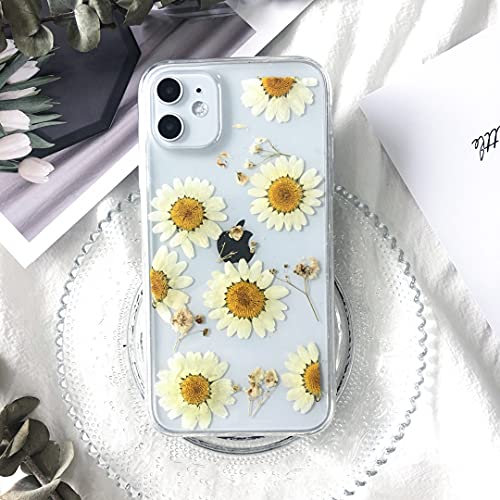 Tybiky iPhone 13 Pro Max Hülle Echte Blumen HandyHülle Transparent Gummi Kristall Schutzhülle Handgefertigten Bunter Getrocknete Blumenart Case Cover für Apple iPhone 13 Pro Max. Weiße Chrysantheme