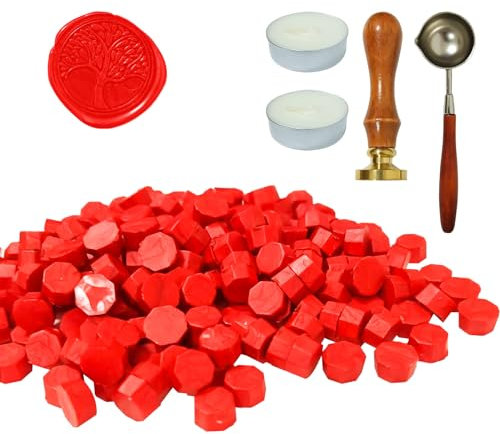 Wachssiegel Stempel Set, 200 Stück siegelwachs mit 1 Lebensbaum Siegelstempel, 1 Schmelzlöffel, 2 Teelichte, für Vintage Siegellack und Brief, Einladungen, Paket Geschenk (G)