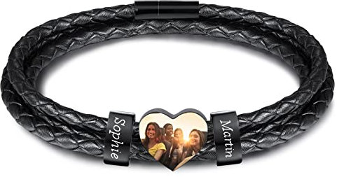 INBLUE Personalisierte Namen Armbänder Herren Gravur Lederarmband Edelstahl Schwarzne Perlen Anhänger Schmuck Geschenke für Männer Papa Familie Damen (Schwarz, Herz 2 Perle)