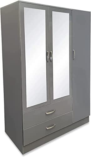 PALAKLOT High Gloss 3 Door Mirrored & 2 Drawer Wardrobe | Modular Cabinet for Space Saving | Ideal Storage Organizer (Grey)