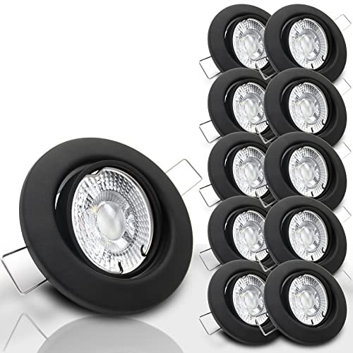 trendlights24 Decora LED Einbaustrahler 230V Schwarz matt rund dimmbar, 10er Set Spots 7W GU10 Warmweiß, Decken Einbauleuchte 68 mm, schwenkbar