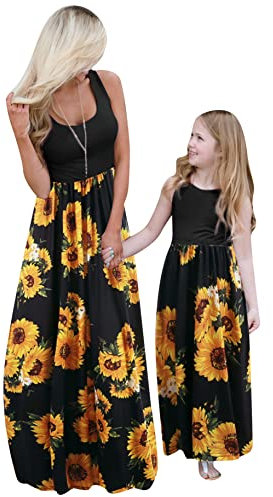 Yming Mutter und Tochter Kleider Blumenkleid Rundhals Maxikleid Familiekleid Sommerkleid Kleid Sonnenblume 9-10 Jahre