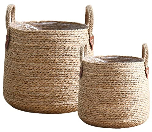 KMERCE 2 Grands Caches pot en osier, Panier à Plantes d'intérieur, Pot de fleurs Jardin decoratif en seagrass avec Doublure Plastique Étanche et Poignées, Panier de Rangement, diamètre 22cm et 28cm