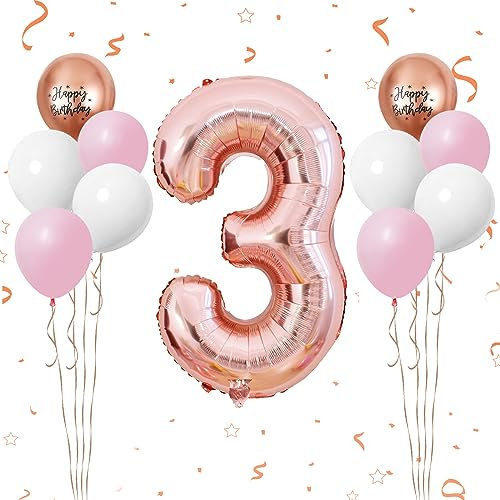 40 Inch Rose Gold Number 3 Balloon, 3rd Birthday Balloons, 11Pcs Rose Gold Birthday Print Balloons Matt White Pink Latex Balloons 3 Foil Balloon for Baby Girl 2rd Birthday Party Decoration Anniversary
