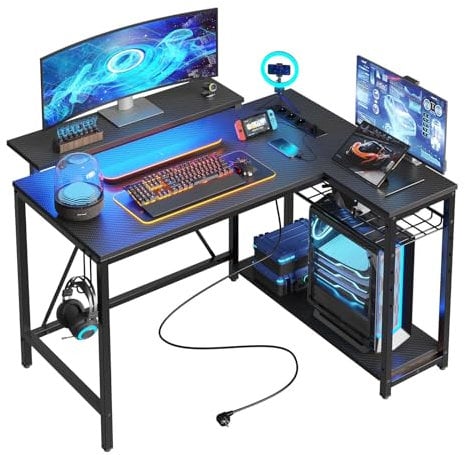 Bestier Scrivania a Forma di L con Prese di Corrente e Luci a LED Scrivania ad Angolo con Ripiani Scrivania per Computer Reversibile con Ganci per Casa Ufficio Camera da Letto Piccolo Spazio 106,5 cm
