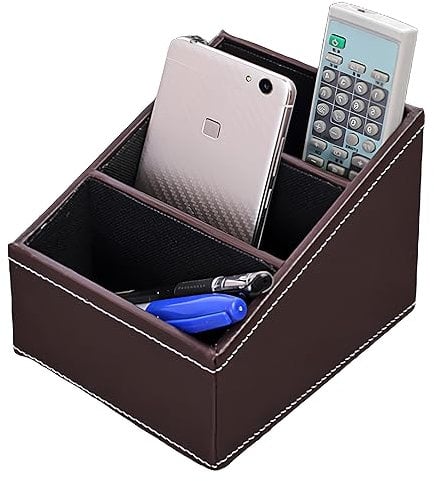 DUOHERESHUI Pu Leder Fernbedienung Organizer, Leder Schreibtisch Desk Organizer, Tv Fernbedienung Aufbewahrung, Mit 3 Fächer, Für Stifte, Mobiltelefone, Fernbedienungen (Braun)