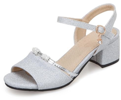 OALEEN Sandales Nu-pieds Femme Eté Petit Talon Carré Bride Cheville Paillettes Chaussures Ouverte Soirée Mariage Argentée 35