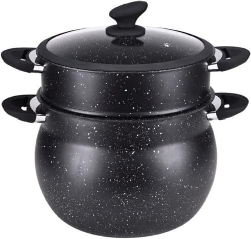 ROYALTY LINE, Stainless Steel Couscoussier 15 Liters with Glass Lid, Compatible with Gas, Electric, Ceramic, Halogen, Induction, Non-Stick Coating Without PFOA, Black