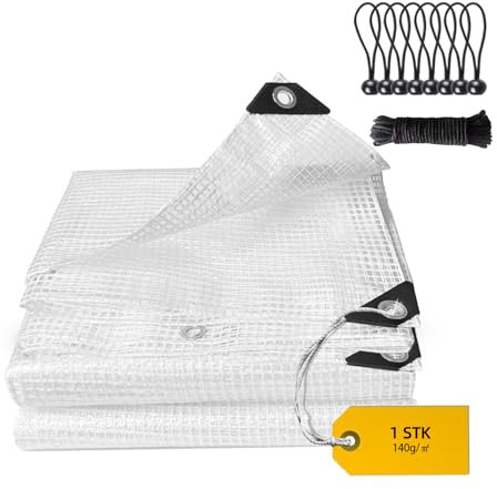 Bâche imperméable - 4 x 6 m - Film grillagé - Résistant à l'hiver - Bâche grillagée en tissu - 140 g/m² - Transparent - Avec œillets - Pour protection des plantes, serre, meubles de jardin, bateau,