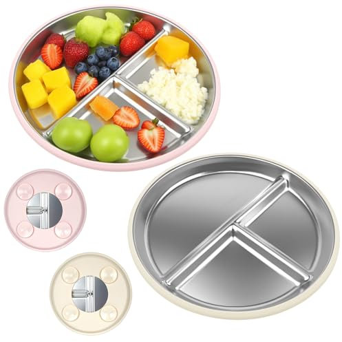 XINGNA Edelstahl Baby Teller mit Silikon Saugnapf, 2 Stück Silikon Babyteller mit Saugnapf, Rutschfest Kinderteller mit Unterteilung, BPA-Frei Und Spülmaschinenfest Babyteller Entfernbarer(Rosa Beige)
