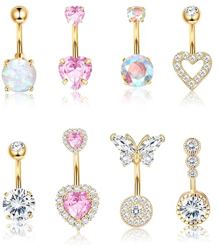 TELAIN 8 pièces anneaux de nombril pour femmes, Piercings nombril cœur rose avec opale et papillon, acier inoxydable chirurgical 14G, hypoallergénique, joli piercing nombril