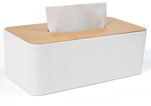 UHETLET Kosmetiktücher Box Holz Tücherbox mit Deckel aus Bambus Taschentücher Box 26x13x9cm Tücherbox Weiß Nachfüllbar Taschentuchbox Quadratisch Tissue Boxen Taschentuchspender für Handelsübliche