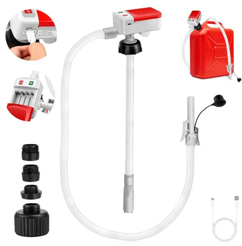 Pompa per carburante, spegnimento automatico, pompa portatile da 12 V/USB-C per benzina, diesel, cherosene (12 l/min) con tubo da 52 pollici, 4 adattatori e funzione manuale – ideale per auto, barca