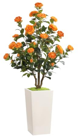 Romantic Season 4FT Artificial Camellia Tree with White Tall Planter, Orange Faux Camellia Plant Flower Tree for Modern Home Office Living Room Floor Décor Outdoor Indoor,Orange