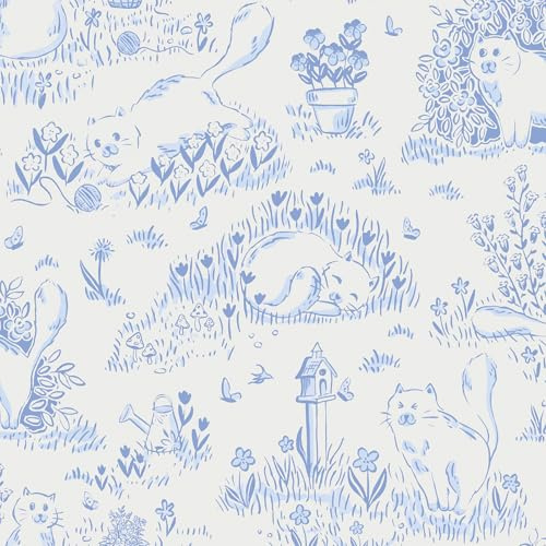 Yomshi Katzen Briefkästen und Botanische Tapete Selbstklebende Tapete 44 x 300 cm DIY Blau Niedliche Klebefolie für Schränke Kinderzimmer Waschküche Schlafzimmer Wände Dekoration Entfernbar