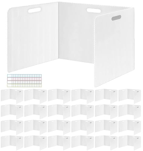TAZZOR 24 Stück Faltbare Trennwand Schreibtisch mit 72 Stück Namensschilder | Tragbare Sichtschutz Study Table wasserdichte Trennwände Desks für Schule Büro Bibliothek, 40×30×30cm, Weiß