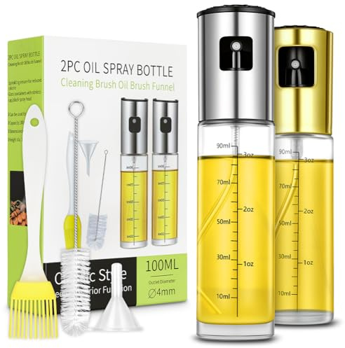 OSDUE Aceite Spray 100ml, 5 Piezas Pulverizador Aceite Spray para Cocina Vidrio Antigoteo con Embudo, Cepillo de Silicona, Cepillo de Limpieza para Aceite de Oliva, Vinagre, Jugo de Limón Ensaladas