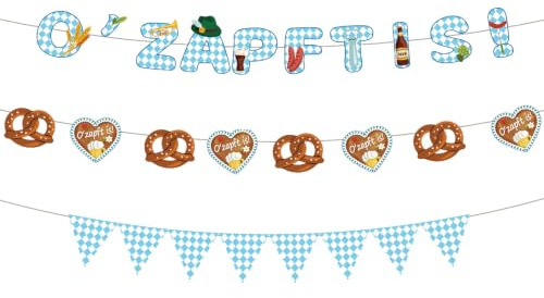 PURCAFT Oktoberfest Girlande 3 Stück, O'Zapft Is Banner mit Brezel und Lebkuchenherz Motiv, Bayrische Deko Oktoberfest Party Dekoration Blau Weiß für Bierfest Wiesn Festzelt