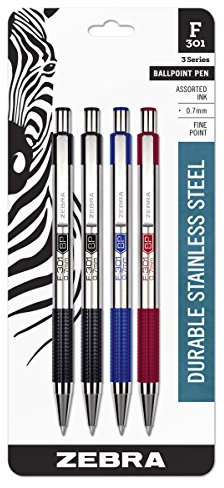 Zebra F-301 Stainless Steel Retractable Ballpoint Pen, 0.7mm, Assorted, (27104) by Zebra Pen