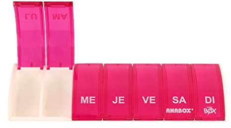 Anabox - Pilulier Semainier Box7-7 Compartiments Journaliers Indépendants - Organisateur de Médicaments Hebdomadaire Compact - Fabriqué en Allemagne - Sans BPA - Coloris Rose
