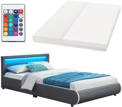 Juskys Polsterbett Sevilla 140x200 cm mit Matratze, LED Beleuchtung, Lattenrost & Kopfteil - Holz & Kunstleder - 16 Farbeinstellungen & Fernbedienung - Bett Jugendbett Einzelbett - Grau