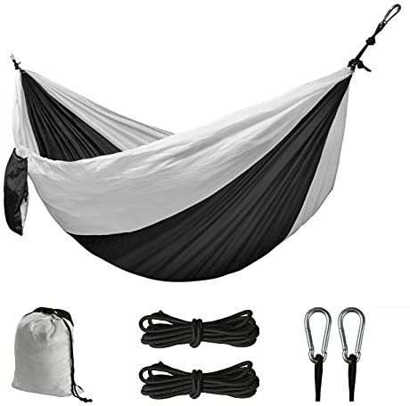 Kronenburg Ultraleichte Nylon Hängematte Fallschirmseide 275 x 140 cm, nur 595 Gramm, Traglast 300 kg inkl. 2 Karabiner und Seile - Schwarz/Weiß - Farbwahl