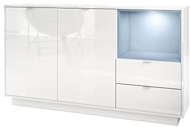 Vladon Sideboard Kommode Metro, Made in Germany, Korpus in Weiß Hochglanz/Fronten in Weiß Hochglanz mit Einsatz in Denim matt, inkl. LED Beleuchtung
