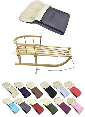 KOMBI-ANGEBOT Holz-Schlitten mit Rückenlehne & Zugseil + universaler Winterfußsack (90cm), auch geeignet für Babyschale, Kinderwagen, Buggy, aus Wolle UNI (dunkelgrau)