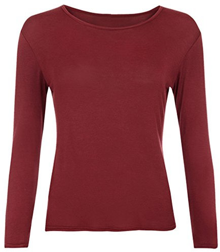 Women Long Sleeve T-Shirt Top Basic Casual Plain Stretch Vest Body Blouse Tee Layering, M/L 12-14, Wine