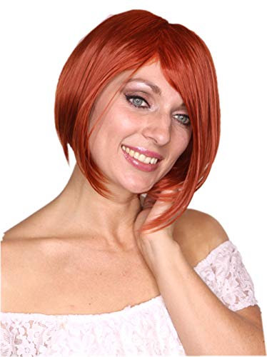 Prettyland Damen Kurze glatte gestufte Perücke Bob Wig gesträhnt mit langem Pony kupfer-rot kupfer-orange C490