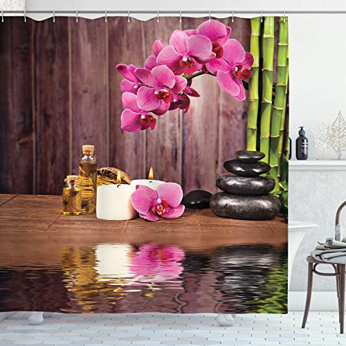 ABAKUHAUS Blume Duschvorhang, Spa Relax Candle Blossom, Stoffliches Gewebe Badezimmerdekorationsset mit Haken, 175 x 200 cm, Umbrabraun Grün Rosa