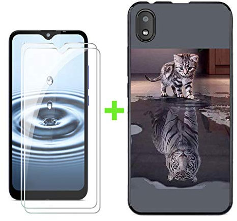 KJYF Hülle Schutzhülle Schwarz Bumper Cover TPU + 2 Stück Schutzfolie für Gigaset GS110 (6.10), Film Gehärtetem Glasfolie + Silikon Schale Case Handyhülle - Katze und Tiger