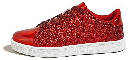 LUCKY STEP Womens Glitter Sneakers Lace up Fashion Sneakers Sparkly Casual Shoes for Women (Red, 7US-37EU-4UK)