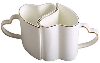 ABHOME Forme de Coeur Tasse de café Porcelaine Ensemble Blanc de 2 Tasses à café en Porcelaine d'os avec Jante en Or pour Cadeaux de Couple Expresso Blanc Mignon 10 oz
