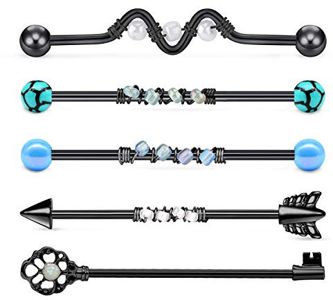 Rajnard 14G Edelstahl Industrial Barbell Schwarz 38mm - Cartilage Ohr Körper Piercing Schmuck 5 STK