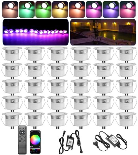 Lot de 30 Bluetooth/WIFI LED Spot Encastrable Extérieur RGBWW , Ø45mm Mini spot Lampe au Sol Spot Encastrable Dimmable, Etanche IP67 DC12V LED Spot pour Terrasse Piscine Escalier (RGB+Blanc Chaud)
