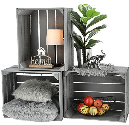 Obstkiste zum Stapeln 3er Set grau │gebrauchter Vintage Look │Weinkiste aus Holz 50 x 40 x 30 cm (1 x 3er Set Obstkiste grau)