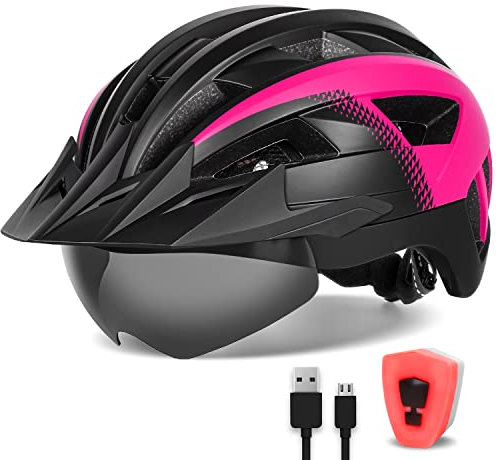 FUNWICT Fahrradhelm mit Visier für Herren Damen, Leichte Fahrradhelm mit Magnetischem Brille und USB-Aufladung LED Licht, Stylisch Mountainbike Helm (L: 57-61 cm, Schwarz Rosa)