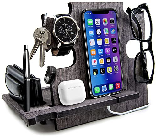 Station d'Accueil en Bois, Support pour Smartphone - Organisateur de Bureau, Support de Table de Chevet, Couleur ébène (Gris ardoise)