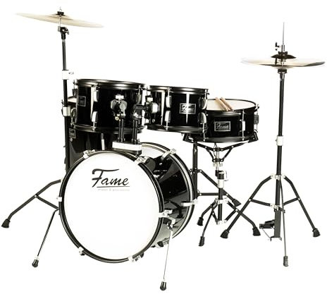 Fame FS18B First Step Drum-Set, Piano Black, 18 Zoll BassDrum, Mischholz Kessel, Inklusive Hardware und Becken, Ideal für Einsteiger, Übungsschlagzeug mit Aluminium Böckchen