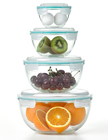 Glasslock Rührschüssel-Set, 8-teilig, mit Schnappdeckel, luftdicht und auslaufsicher, platzsparend, mikrowellengeeignet, spülmaschinenfest