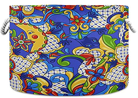 Caihoyu Mexican Talavera Ceramic Tile Cotton Rope Basket Italian Pottery Ceramic Tile Large Capacity Toys Storage Organizer Gift Baskets Clothes Laundry Hamper Holiday Ornament Storage Bin